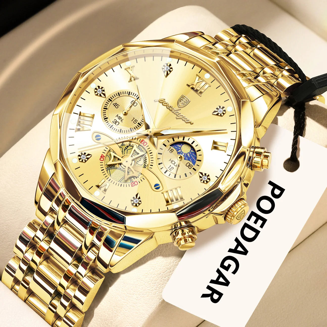 POEDAGAR Montre Homme Luxe Originale Étanche Lumineuse Chronographe Montre-Bracelet Homme Quartz en Acier Inoxydable Pour Homme Reloj