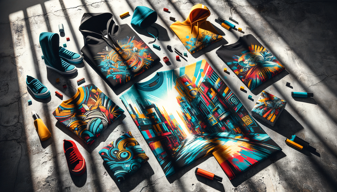 urban-inspired apparel with bold designs on concrete, vibrant colors, strong sunlight