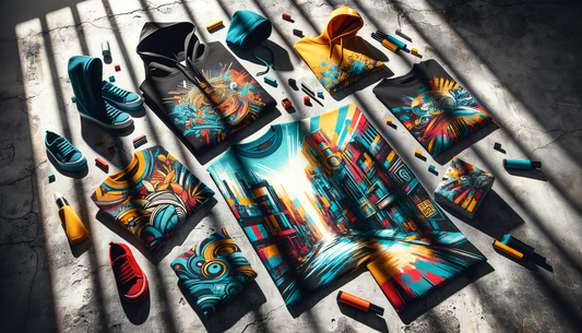 urban-inspired apparel with bold designs on concrete, vibrant colors, strong sunlight