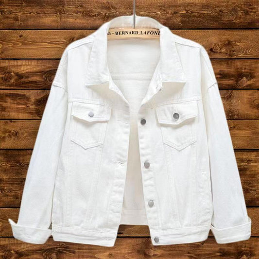 Style White Denim Jacket for Women, Loose Long Sleeve Casual Coat Top