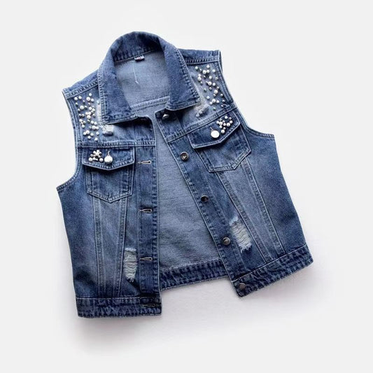 Fashionable Washed Denim Vest for Women with Distressed Patches and Beaded Details, Sleeveless Jacket Versatile Outerwear
