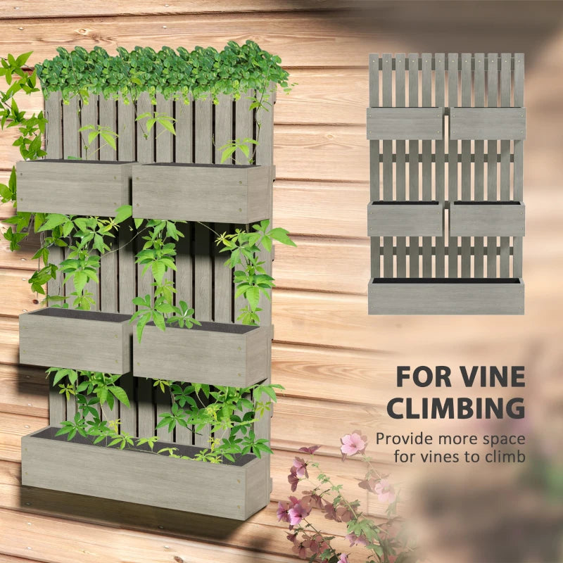 Raised bed garden with vertical trellis structure for enhanced plant growth and space optimization