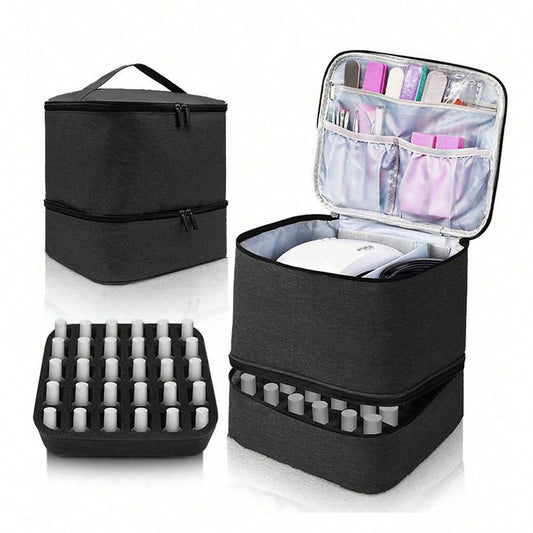 Portable 30-Compartment Nail Organizer Case with Polish & Oil Bags, All-in-One Manicure Tools & Cosmetic Storage Kit