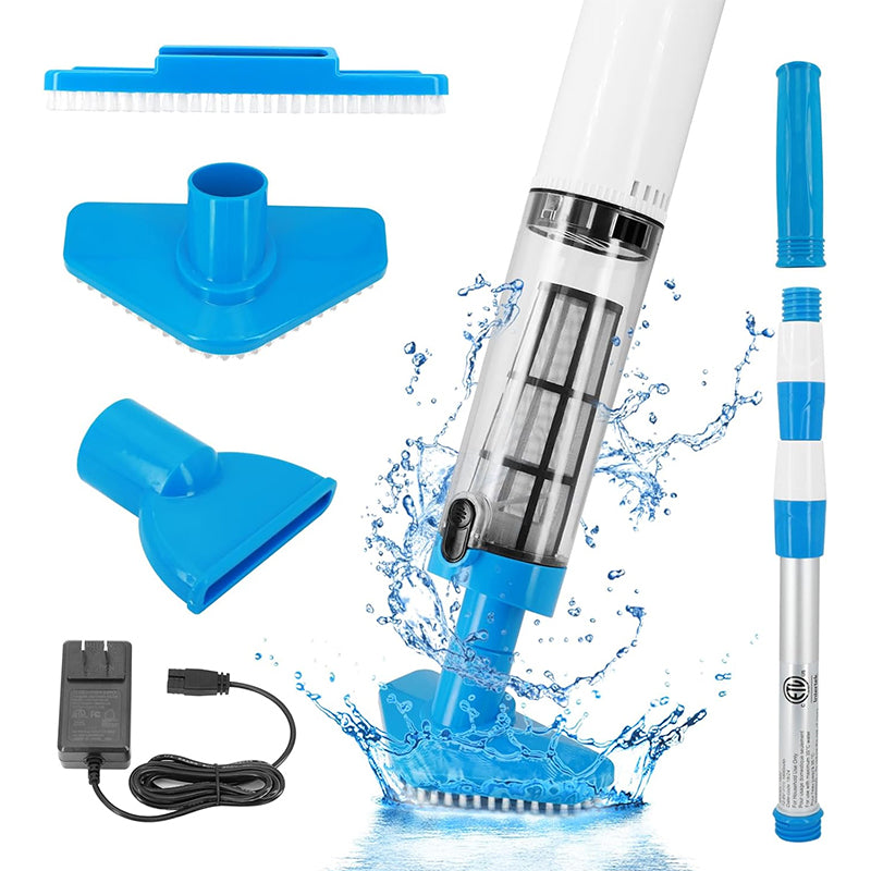 Rechargeable hand pool vacuum for spas/hot tubs/small pools, with auto immersion detector & bristle nozzle.