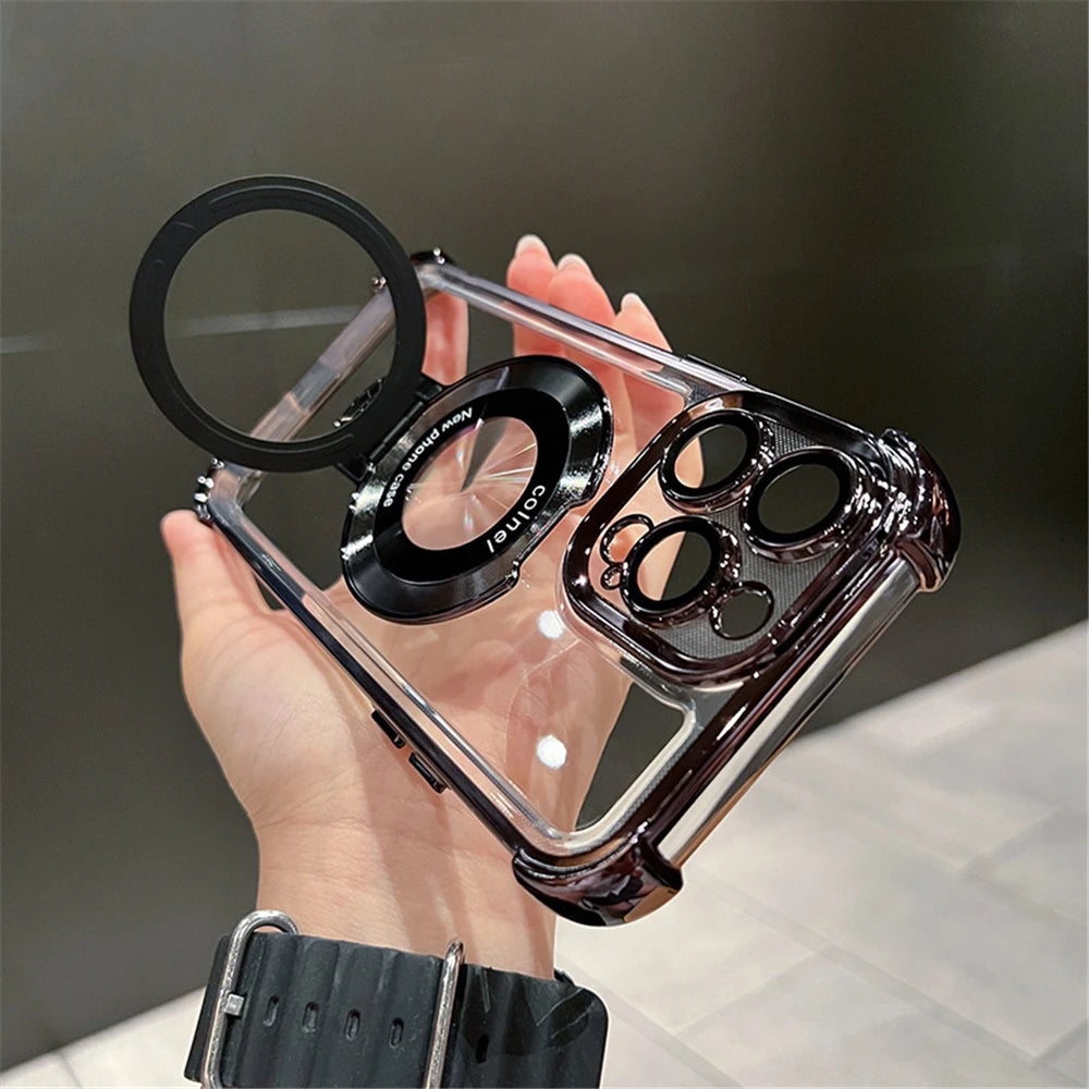 Coque transparente antichoc de luxe avec placage et support magnétique pour MagSafe, pour iPhone 15, 16, 14, 13, 12, 17 Pro Max avec béquille