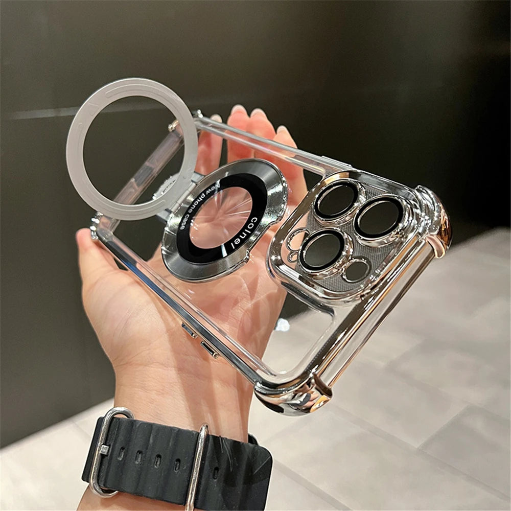 Coque transparente antichoc de luxe avec placage et support magnétique pour MagSafe, pour iPhone 15, 16, 14, 13, 12, 17 Pro Max avec béquille
