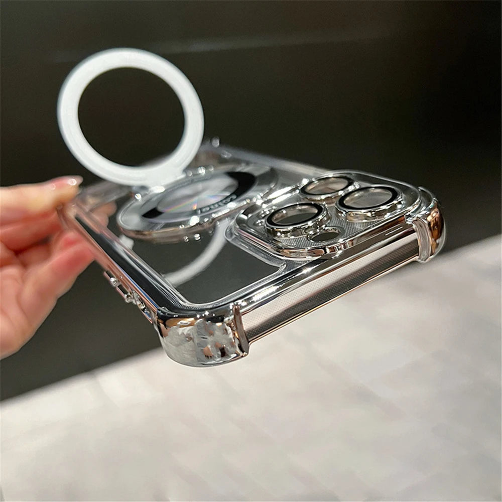Coque transparente antichoc de luxe avec placage et support magnétique pour MagSafe, pour iPhone 15, 16, 14, 13, 12, 17 Pro Max avec béquille