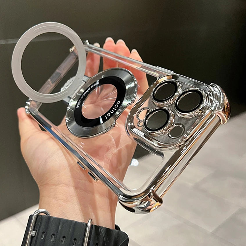 Coque transparente antichoc de luxe avec placage et support magnétique pour MagSafe, pour iPhone 15, 16, 14, 13, 12, 17 Pro Max avec béquille
