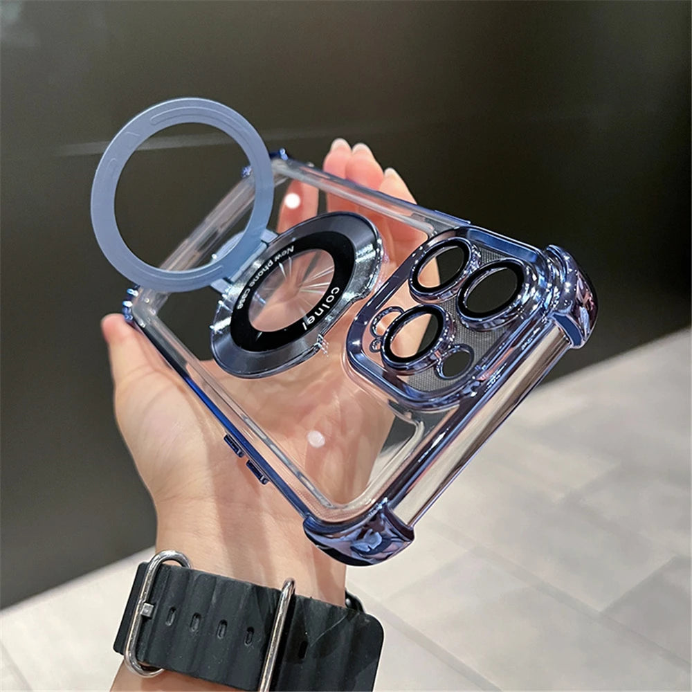 Coque transparente antichoc de luxe avec placage et support magnétique pour MagSafe, pour iPhone 15, 16, 14, 13, 12, 17 Pro Max avec béquille