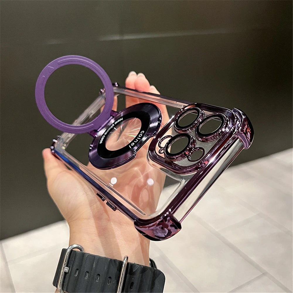 Coque transparente antichoc de luxe avec placage et support magnétique pour MagSafe, pour iPhone 15, 16, 14, 13, 12, 17 Pro Max avec béquille