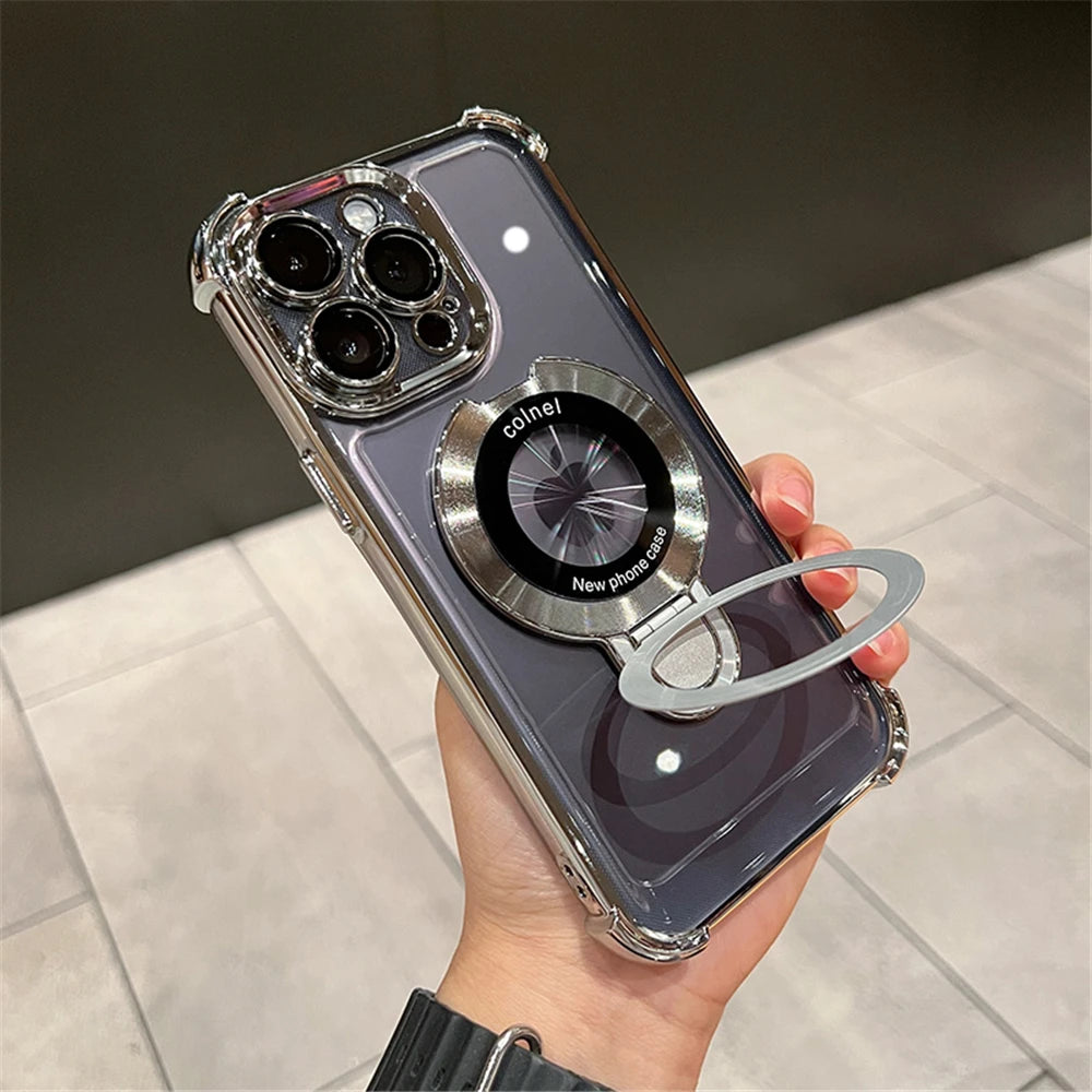 Coque transparente antichoc de luxe avec placage et support magnétique pour MagSafe, pour iPhone 15, 16, 14, 13, 12, 17 Pro Max avec béquille
