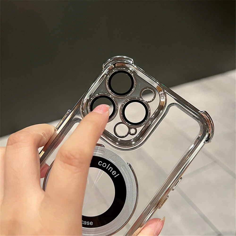 Coque transparente antichoc de luxe avec placage et support magnétique pour MagSafe, pour iPhone 15, 16, 14, 13, 12, 17 Pro Max avec béquille